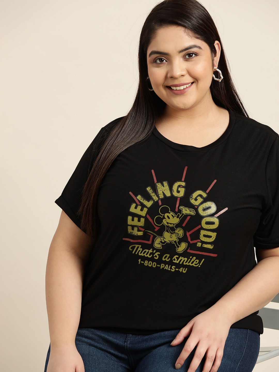 

Sztori Disney Women Plus Size Black Typography Mickey Mouse Printed T-shirt