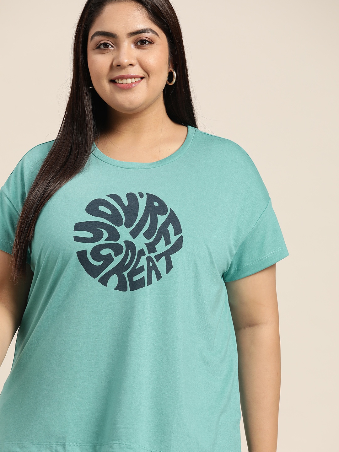 

Sztori Women Plus Size Sea Green & Navy Blue Typography Print T-shirt