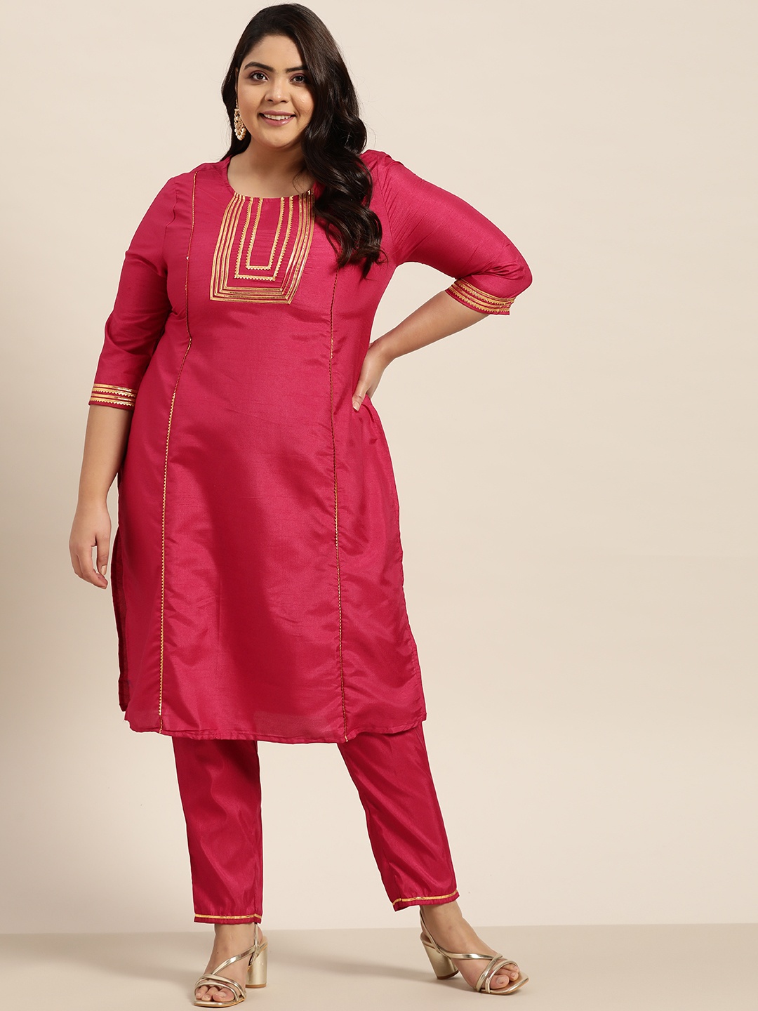 

Sztori Plus Size Women Pink Printed Gotta Patti Regular Kurta with Trousers