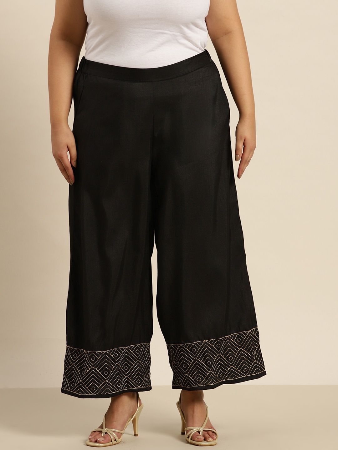 

Sztori Women Plus Size Black & Gold Embroidered Parallel Trousers