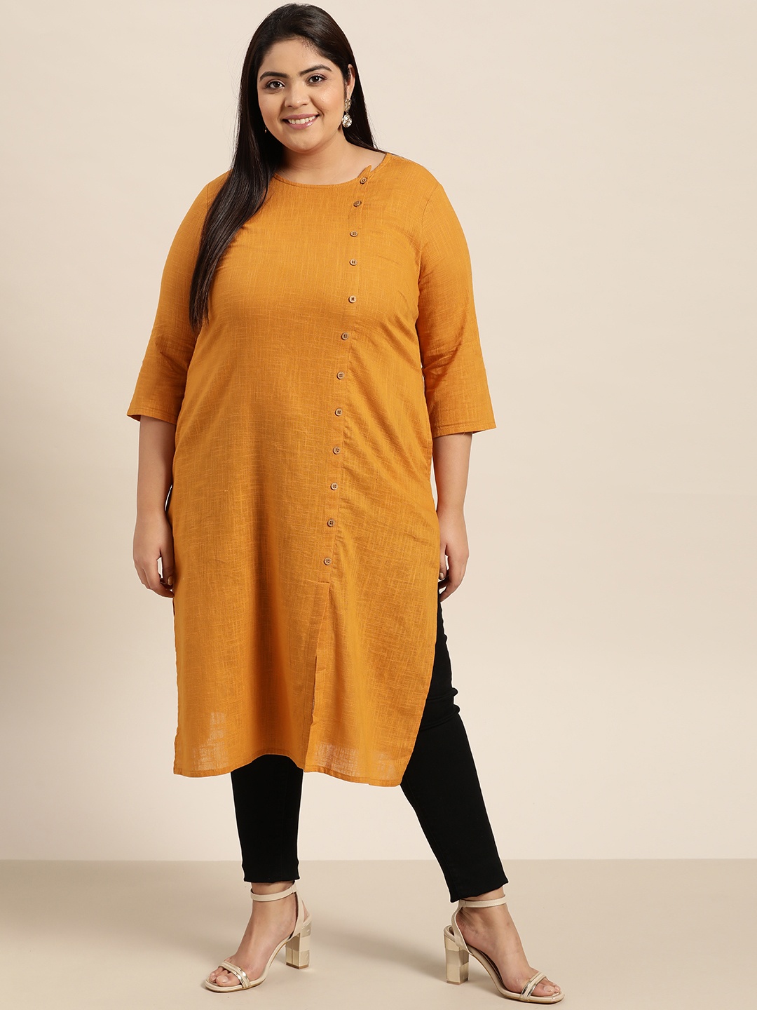 

Sztori Women Plus Size Mustard Yellow Solid Pure Cotton Kurta
