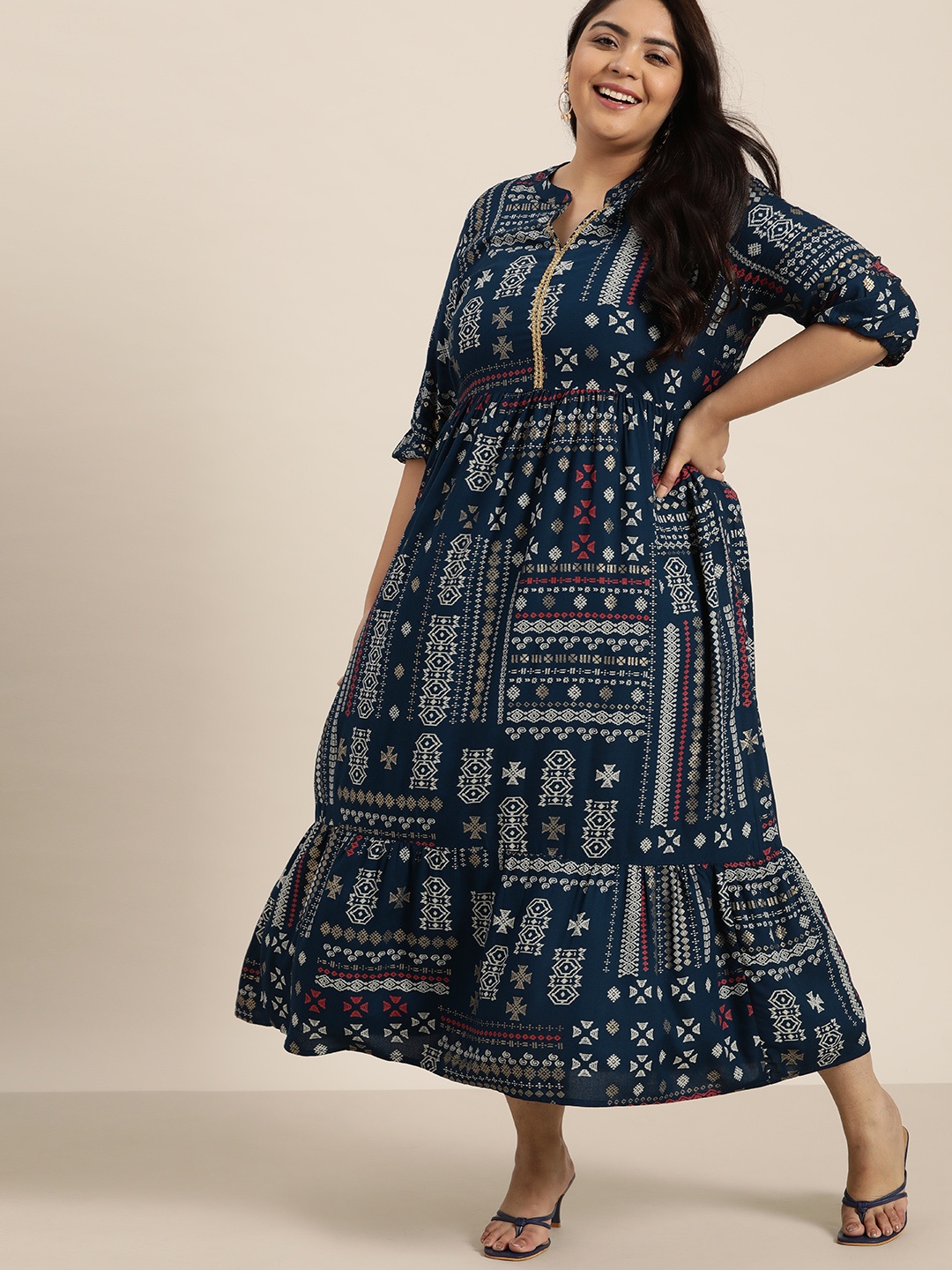 

Sztori Women Plus Size Navy Blue & White Ecovero Tribal Print Maxi Dress