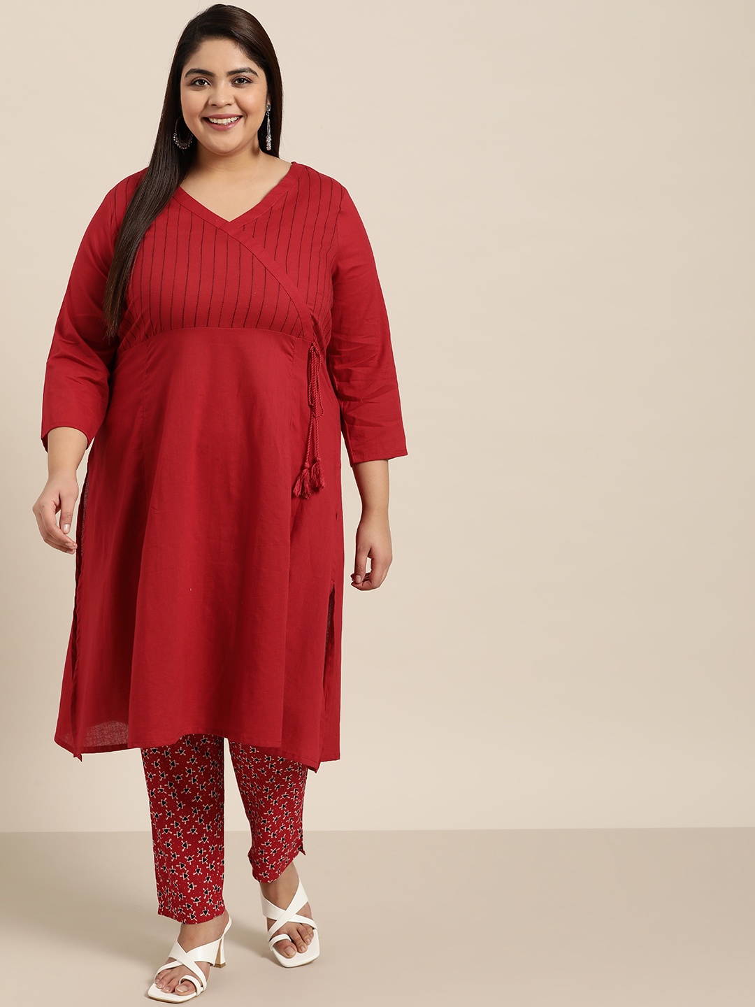 

Sztori Women Plus Size Maroon Striped Angrakha Thread Work Pure Cotton Kurta with Trousers