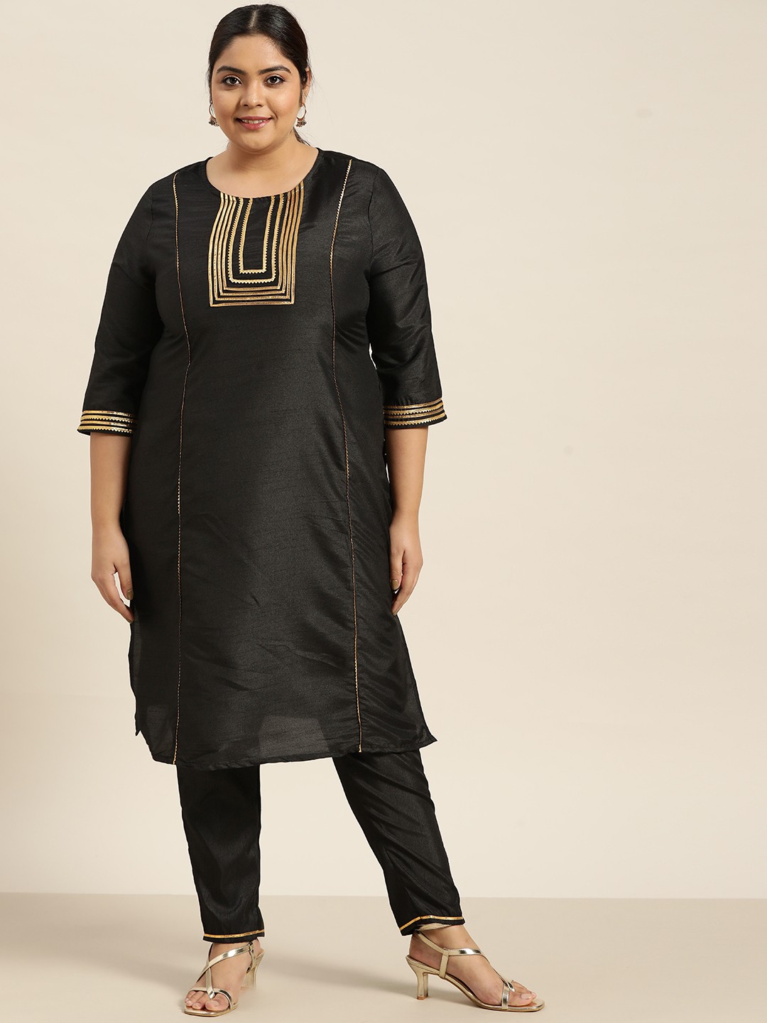 

Sztori Women Plus Size Black Yoke Design Regular Gotta Patti Kurta with Trousers