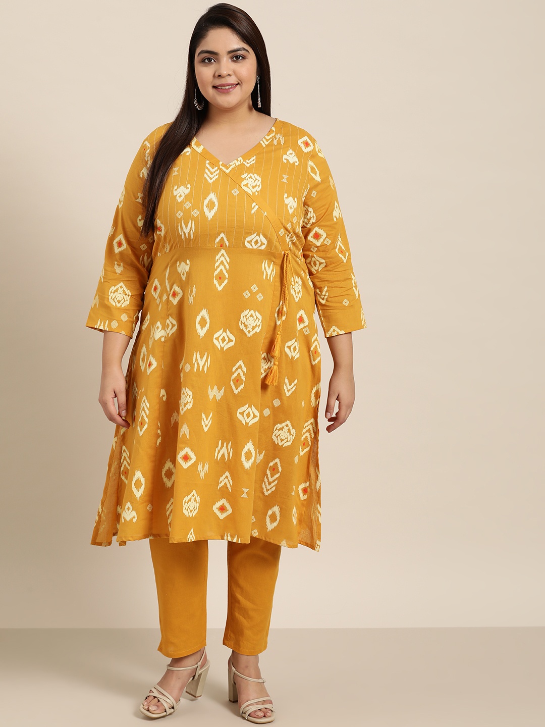 

Sztori Women Plus Size Mustard Yellow Printed Angrakha Pure Cotton Kurta with Trousers