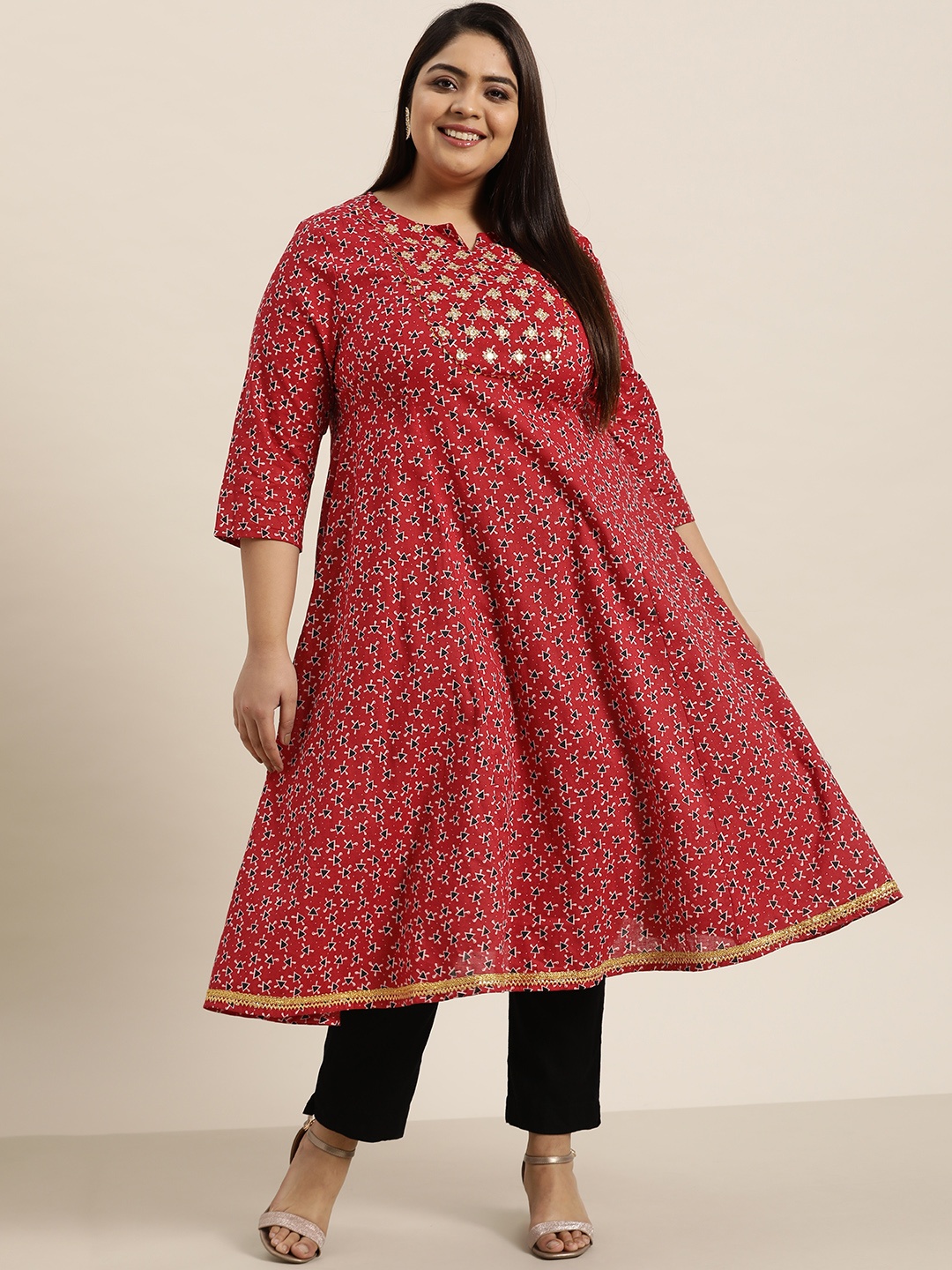 

Sztori Women Plus Size Red & Black Pure Cotton Geometric Printed Gotta Patti Kurta