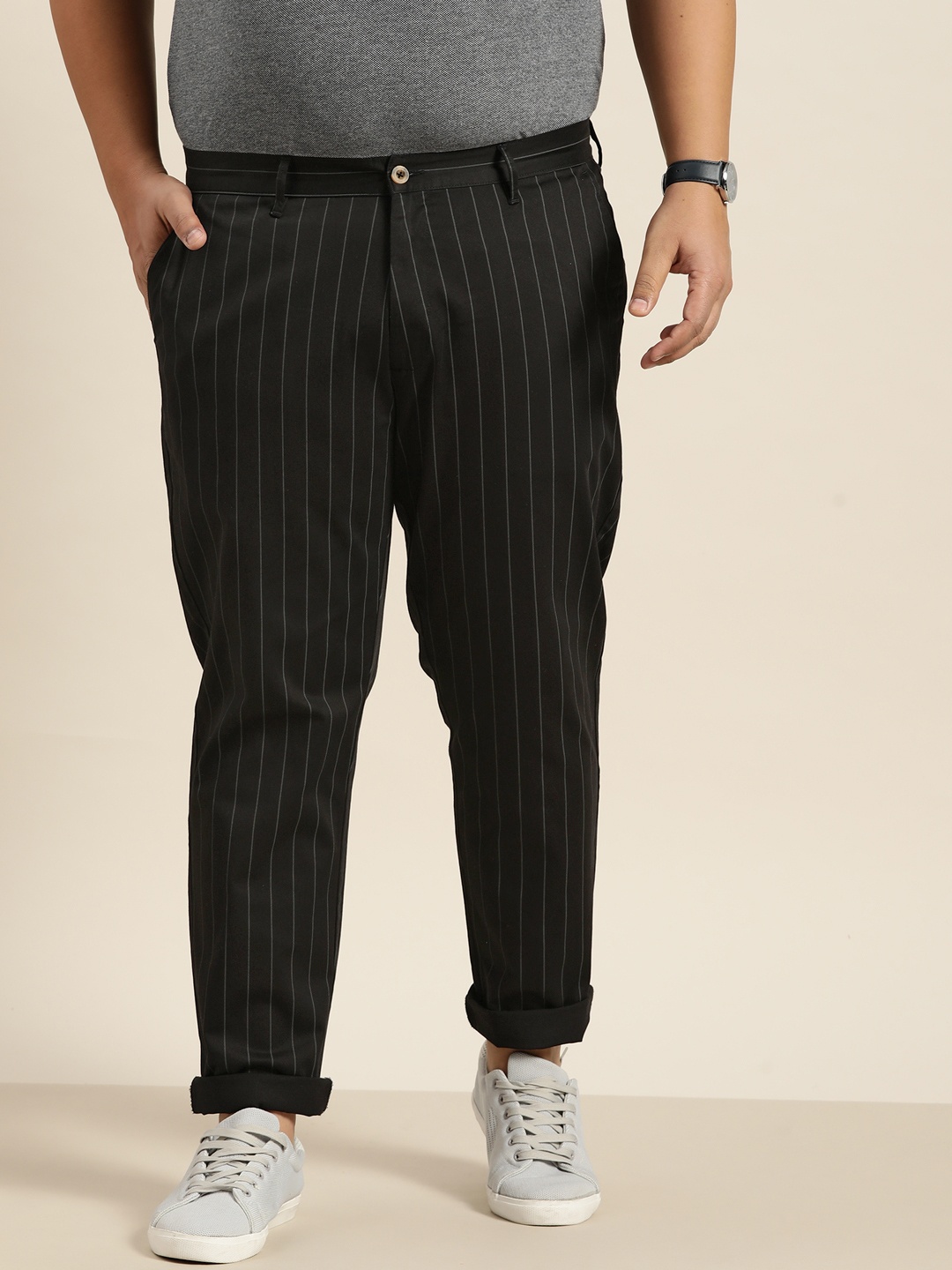 

Sztori Plus Size Men Black & Grey Striped Trousers