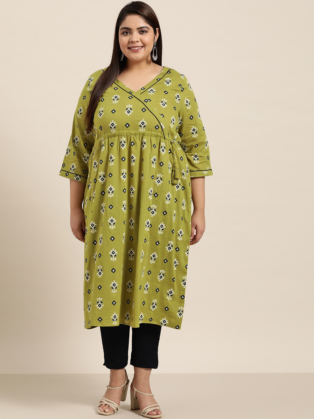 

Sztori Plus Size Women Green & Navy Blue Pure Cotton Ethnic Motifs Printed A-Line Kurta
