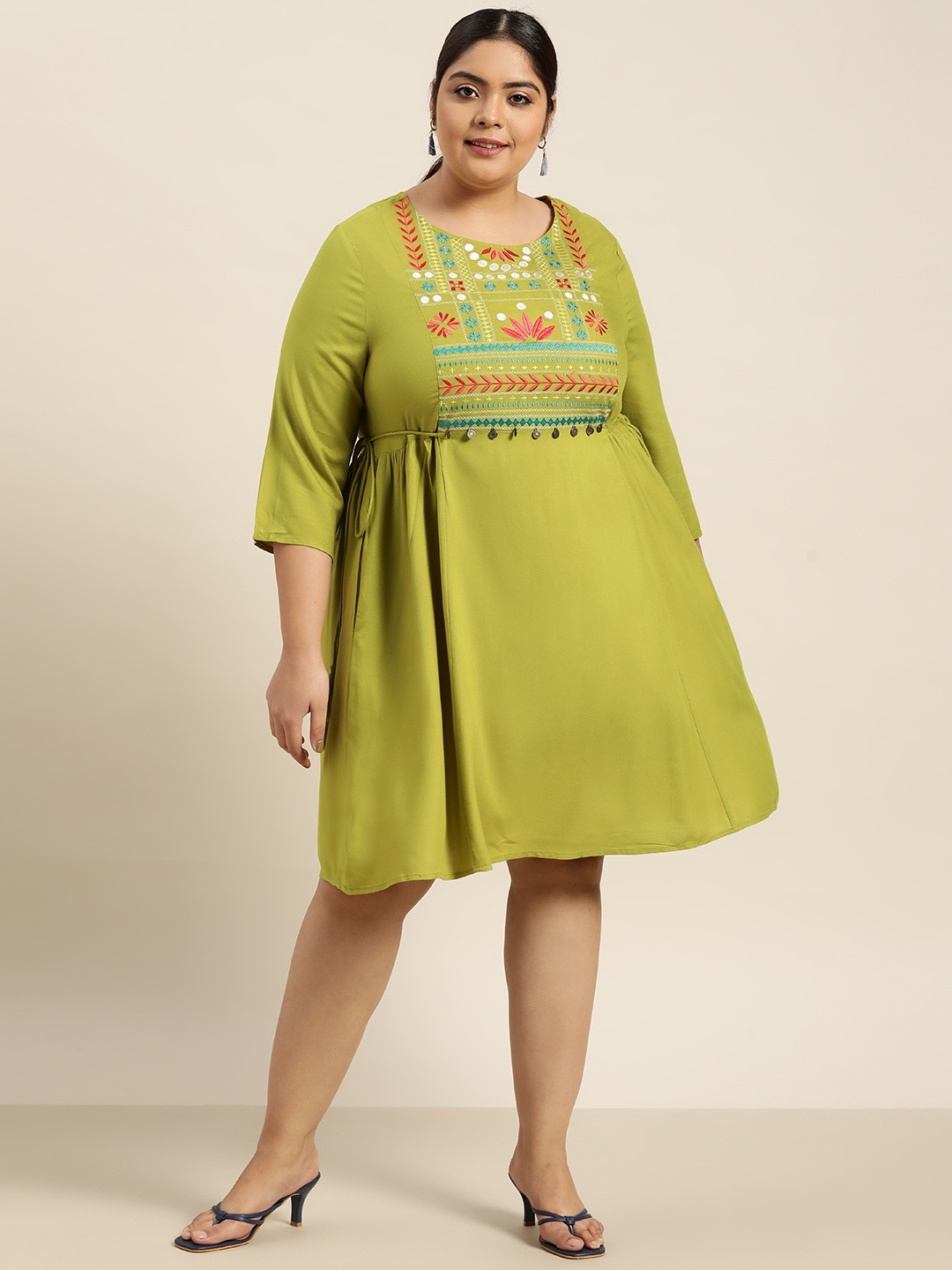 

Sztori Plus Size Green & Blue Ethnic Motifs Embroidered Ethnic EcoVero A-Line Dress