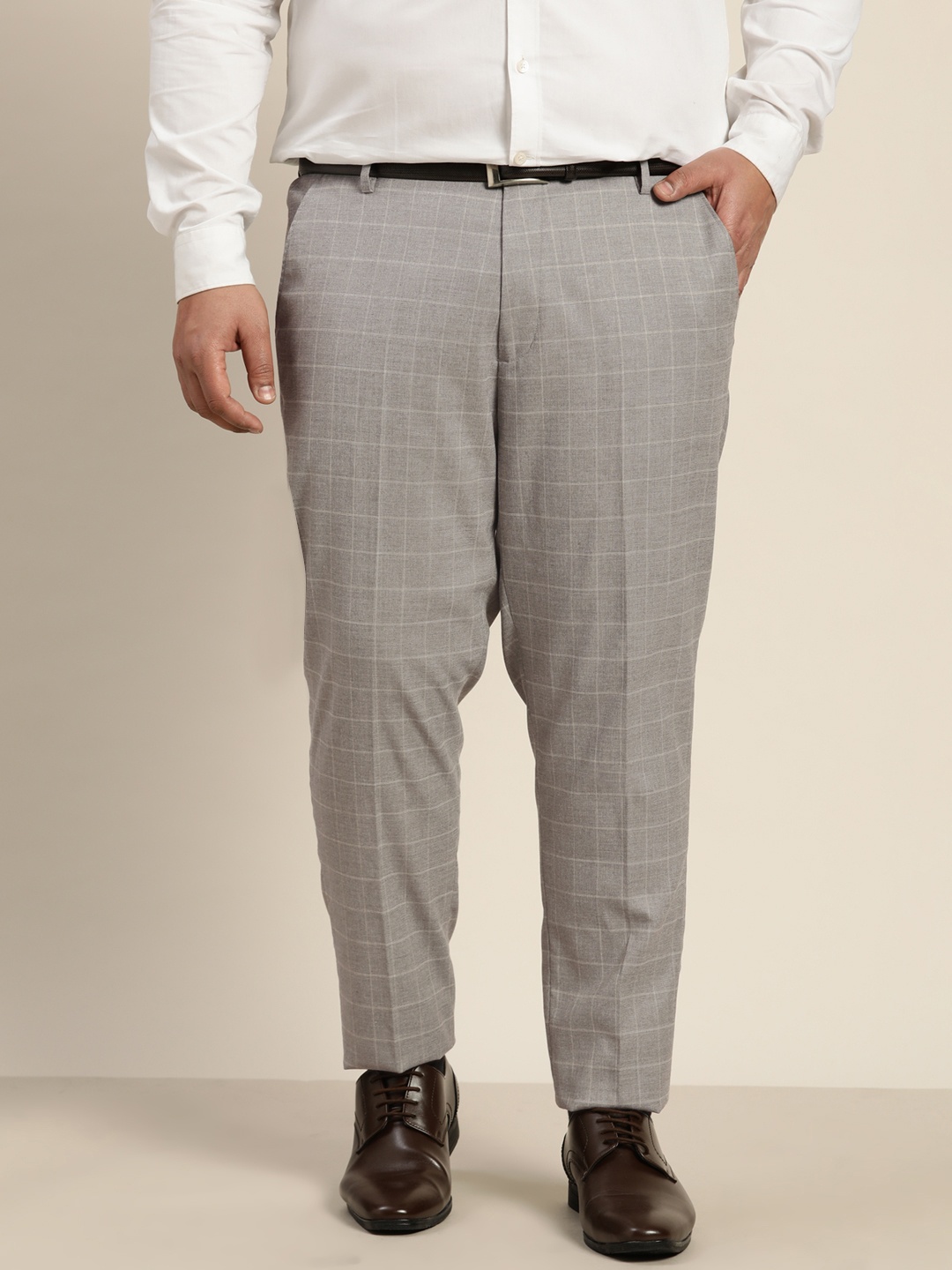 

Sztori Men Plus Size Grey Melange Checked Formal Trousers