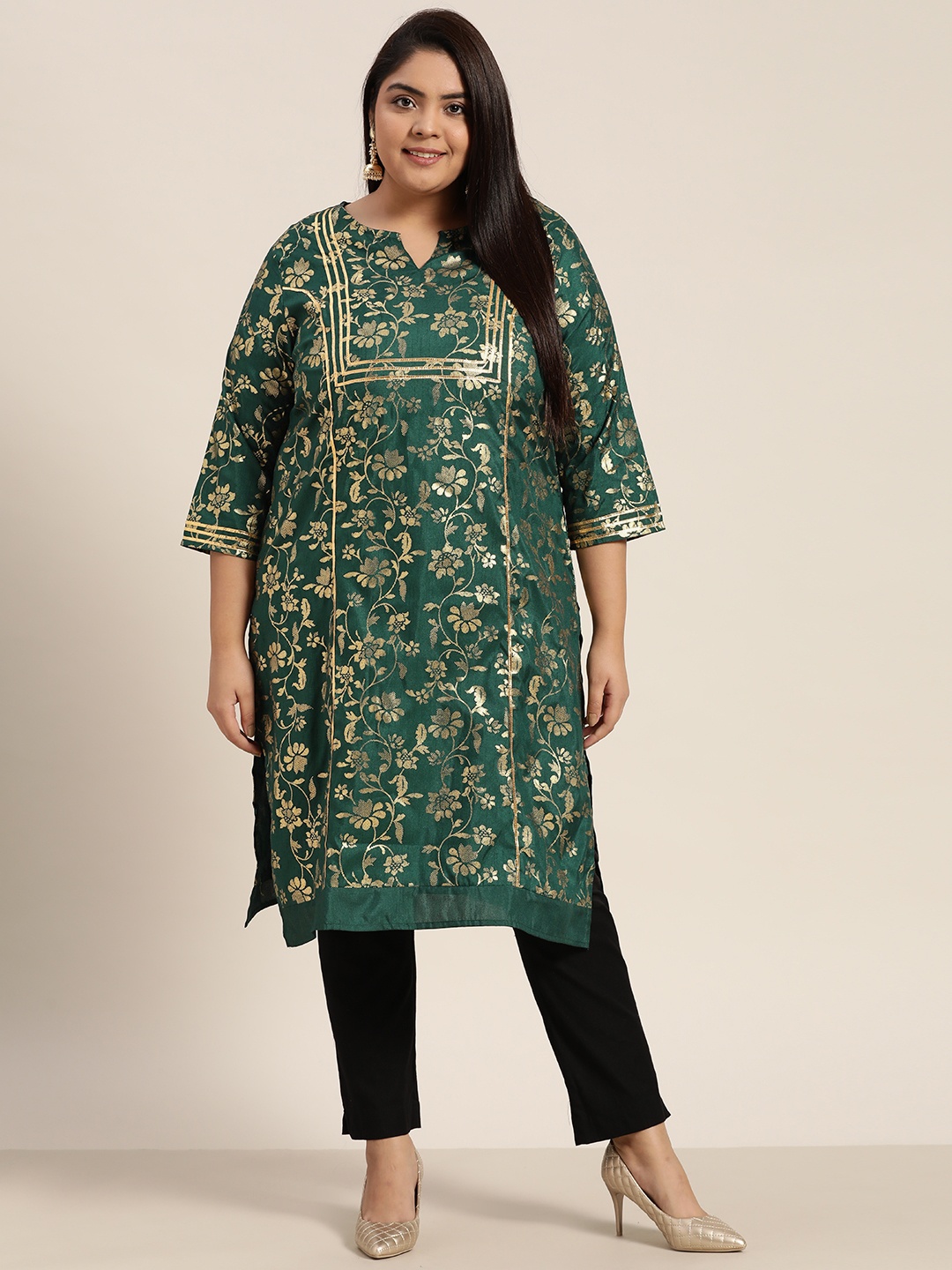 

Sztori Plus Size Women Green & Golden Ethnic Motifs Printed Gotta Patti Kurta