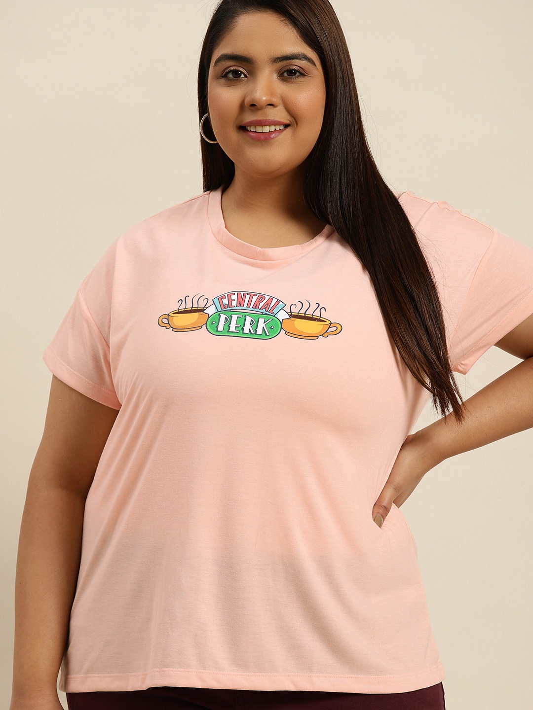 

F.R.I.E.N.D.S By Sztori Women Plus Size Peach-Coloured Printed T-shirt