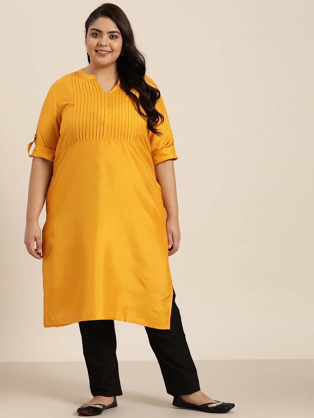 

Sztori Women Plus Size Mustard Yellow Solid Pleated Kurta