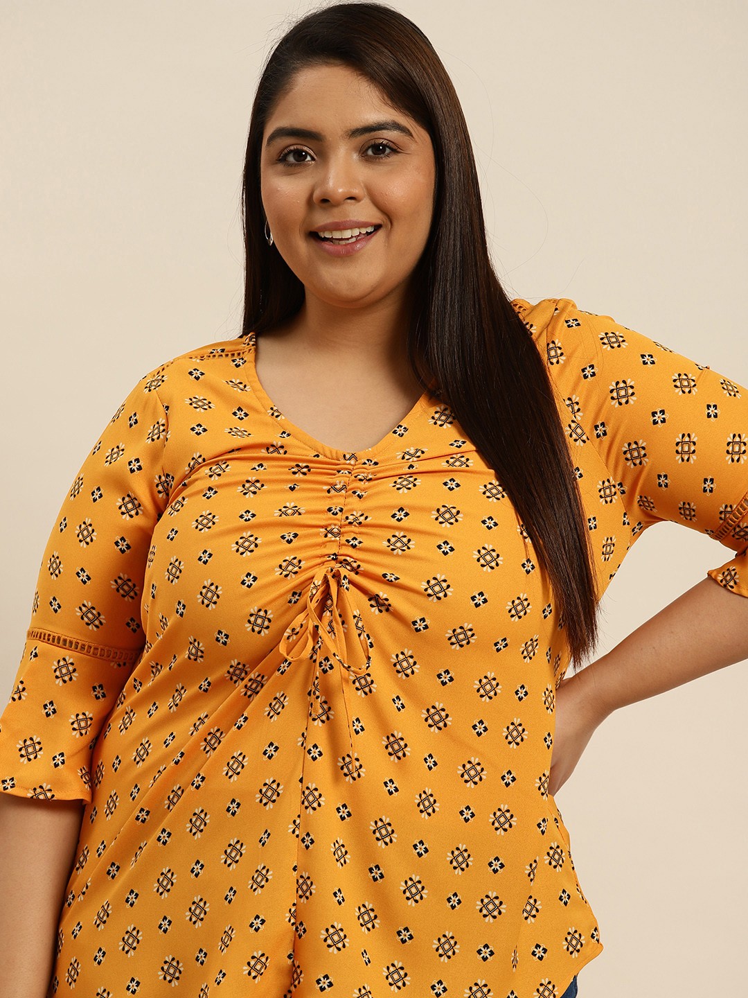 

Sztori Plus Size Mustard Yellow & Black Ethnic Motifs Print Top with Ruching
