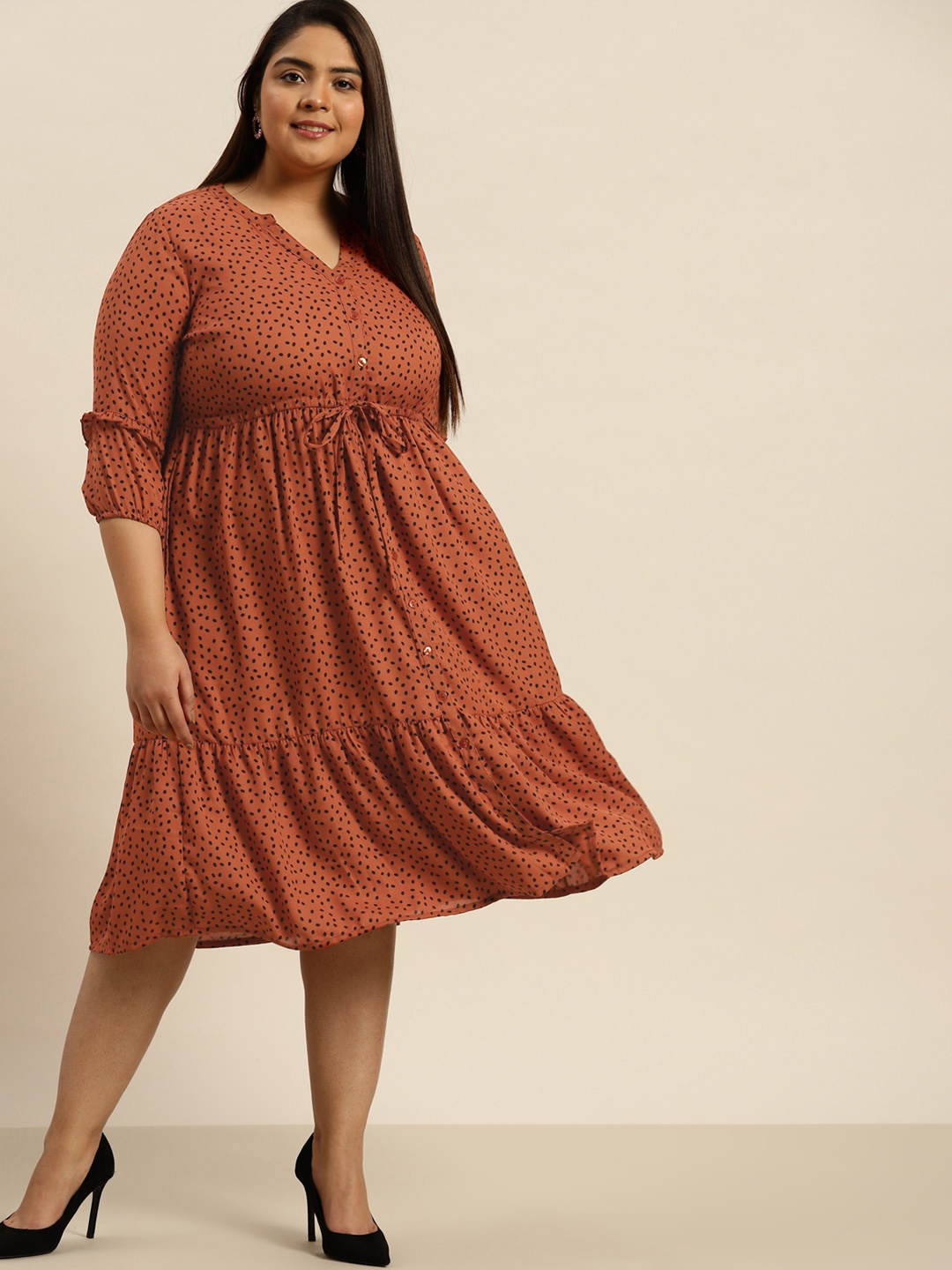 

Sztori Women Plus Size Rust Brown & Black Polka Dot Print Dress