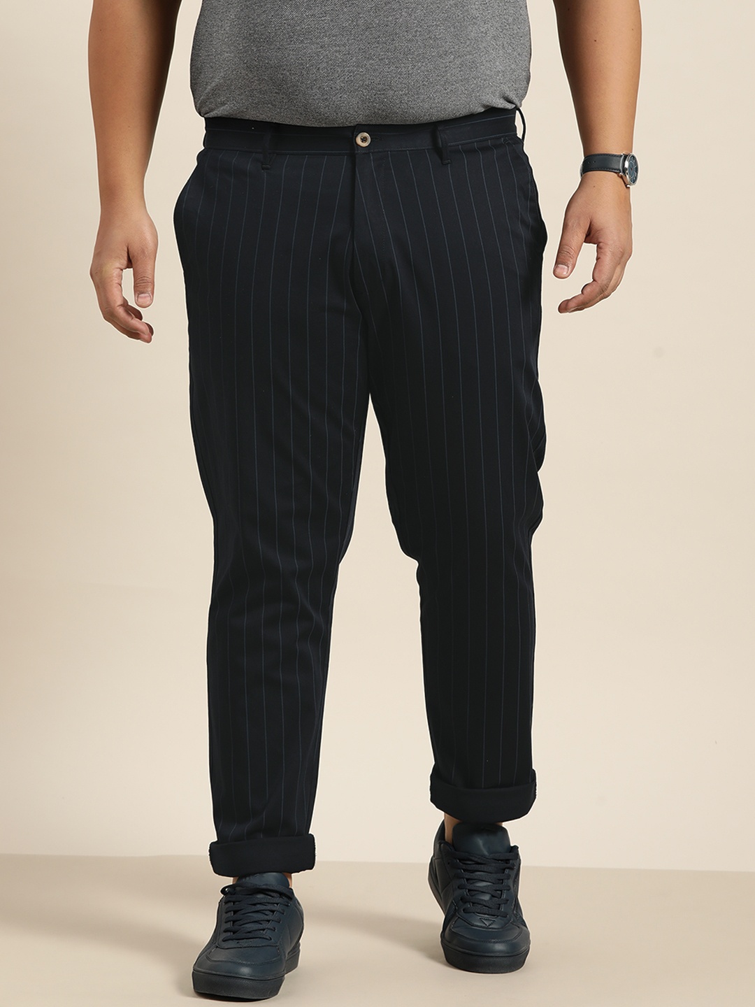 

Sztori Plus Size Men Navy Blue Striped Trousers