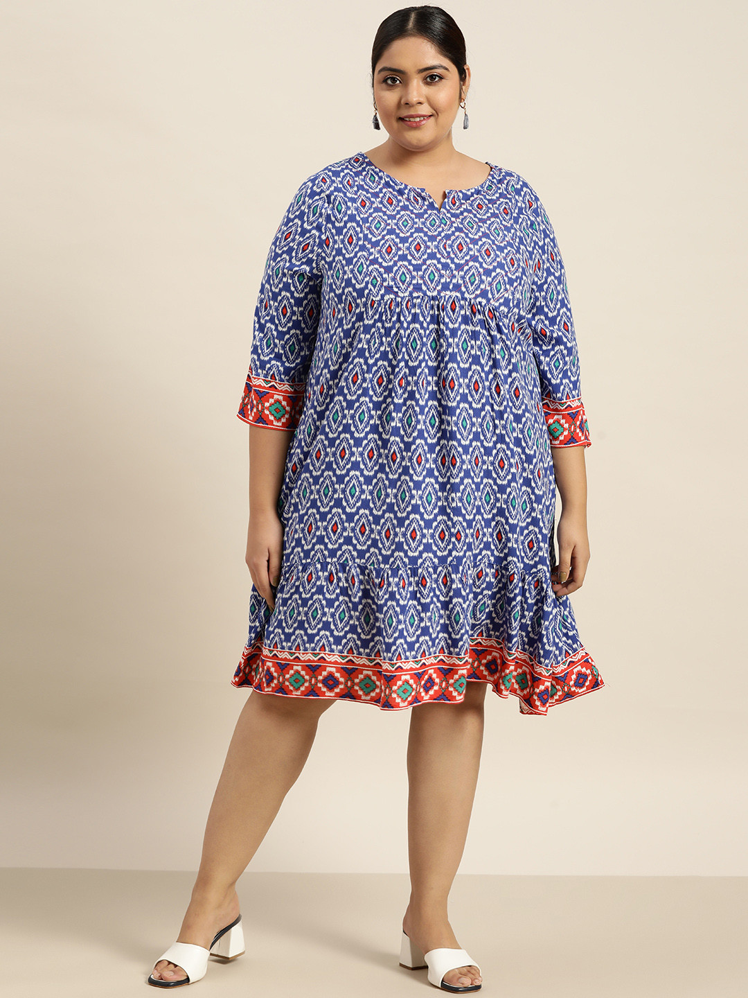

Sztori Plus Size Blue & White Ecovero Geometric print A-Line Dress