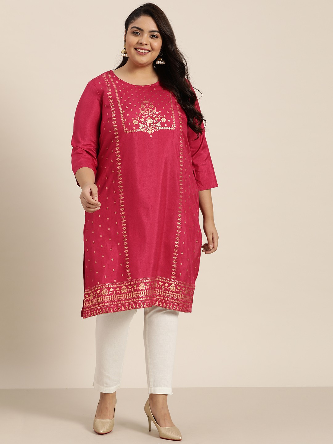 

Sztori Women Plus Size Red & Golden Foil Print Kurta
