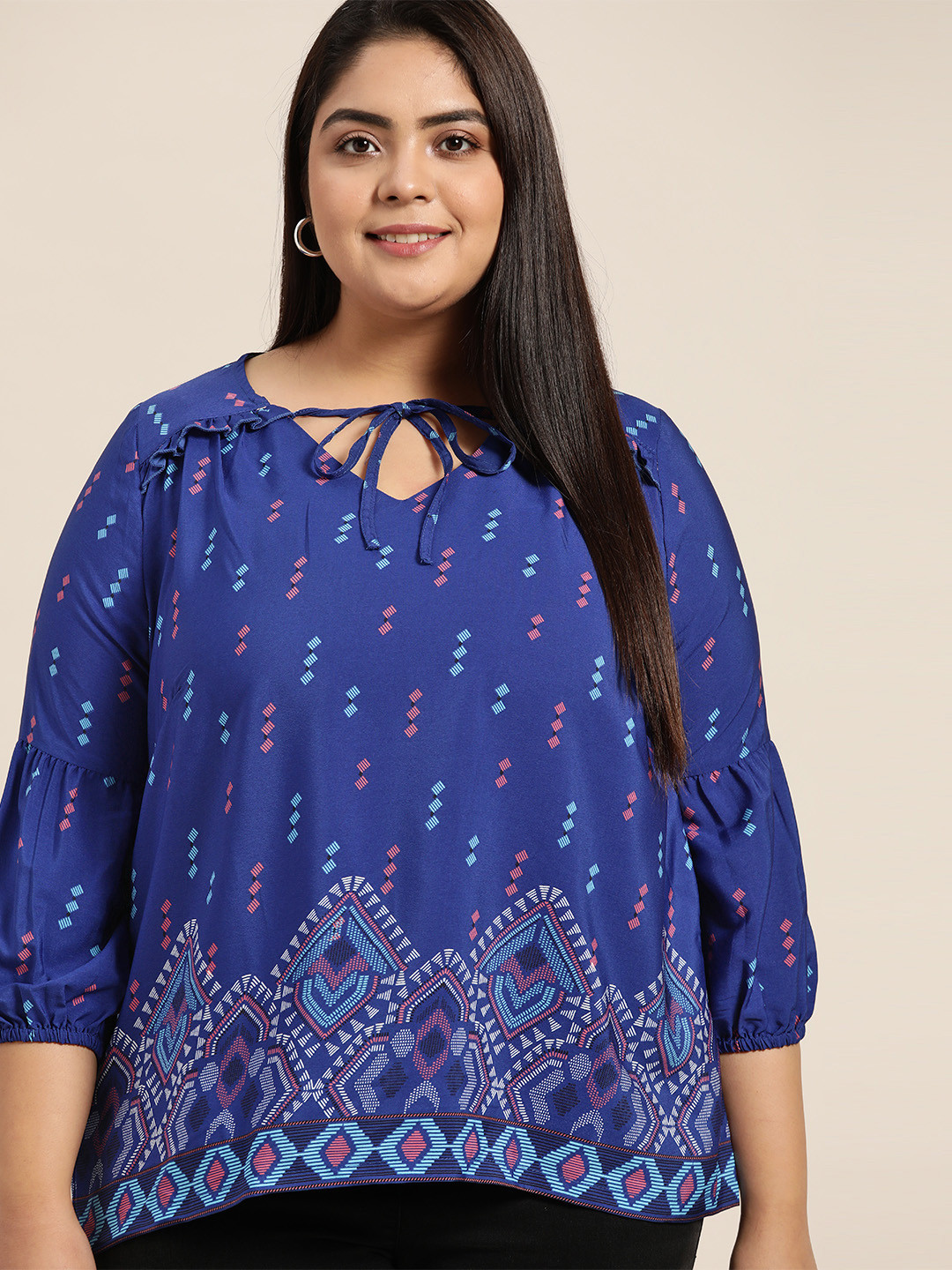 

Sztori Plus Size Blue & Coral Red Tie-Up Neck Top