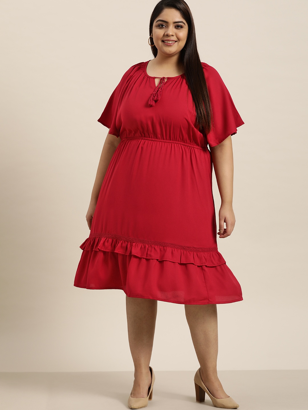 

Sztori Women Plus Size Red Solid Tie-Up Neck A-Line Dress
