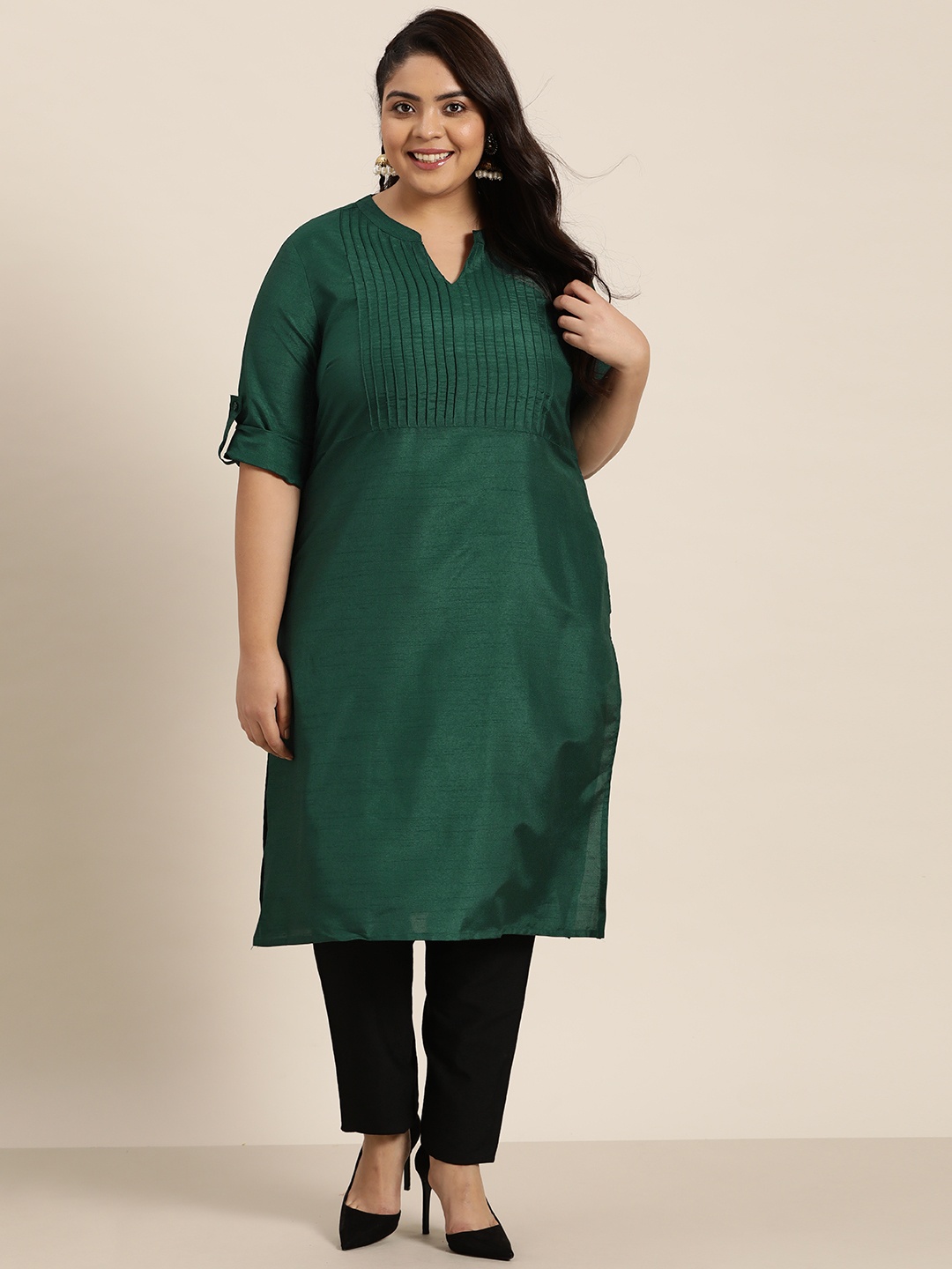 

Sztori Plus Size Women Green Solid Pleated Kurta