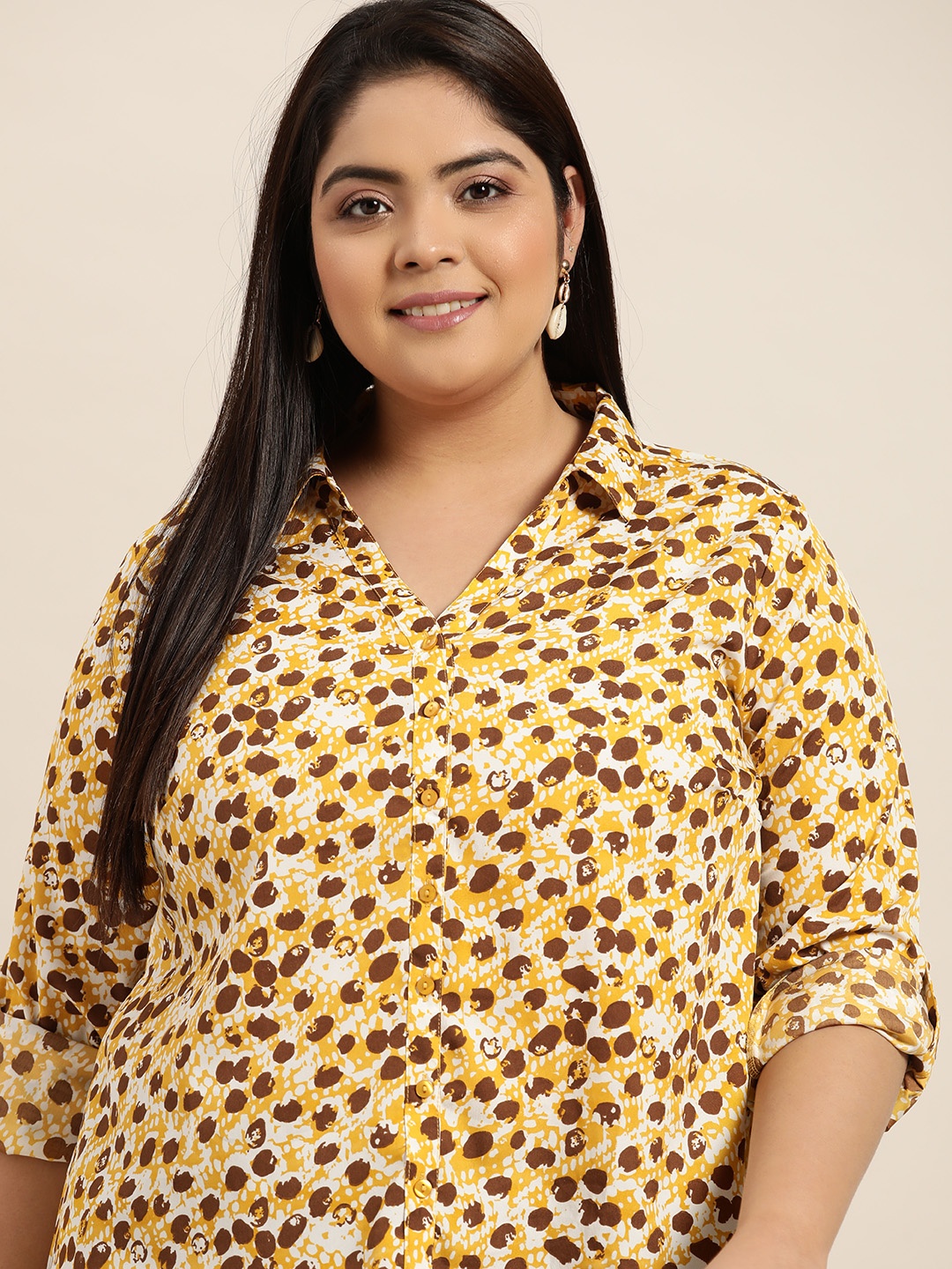 

Sztori Women Plus Size Yellow & Brown Printed Casual Shirt