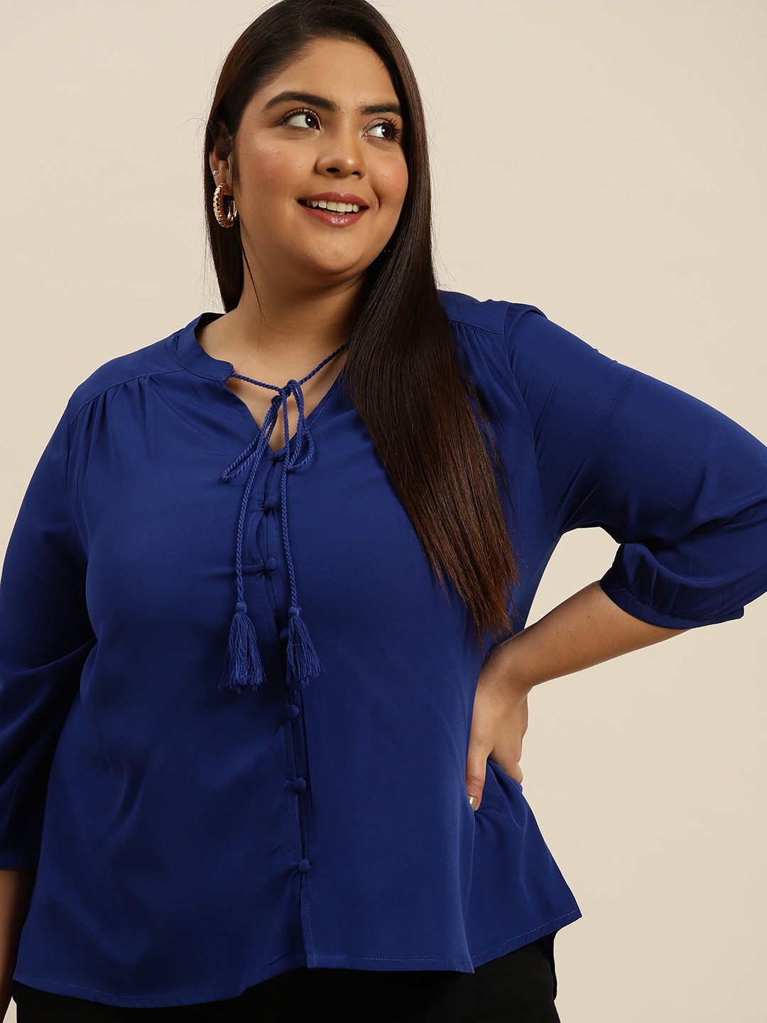 

Sztori Women Plus SizeNavy Blue Solid Opaque Casual Shirt, Navy blue