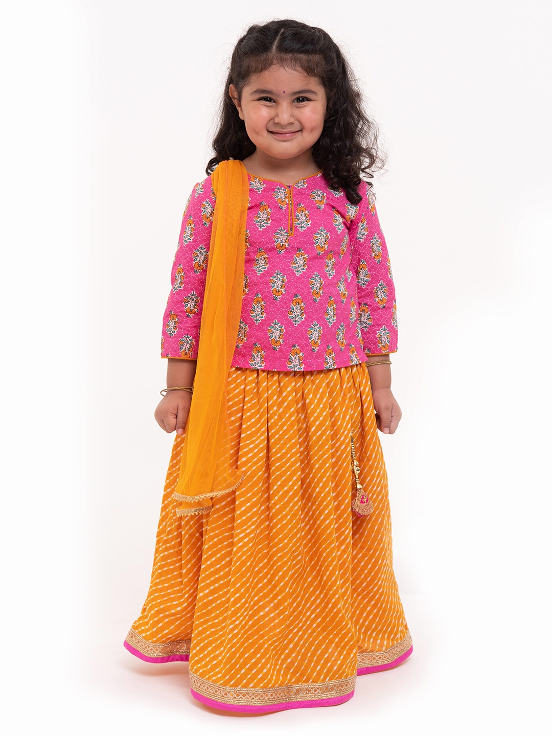

Campana Girls Magenta & Orange Printed Lehenga & Blouse With Dupatta