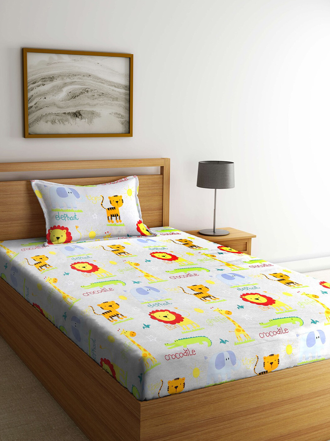 

KLOTTHE Multicoloured Cartoon Characters 210 TC Single Bedsheet with 1 Pillow Covers, Multi