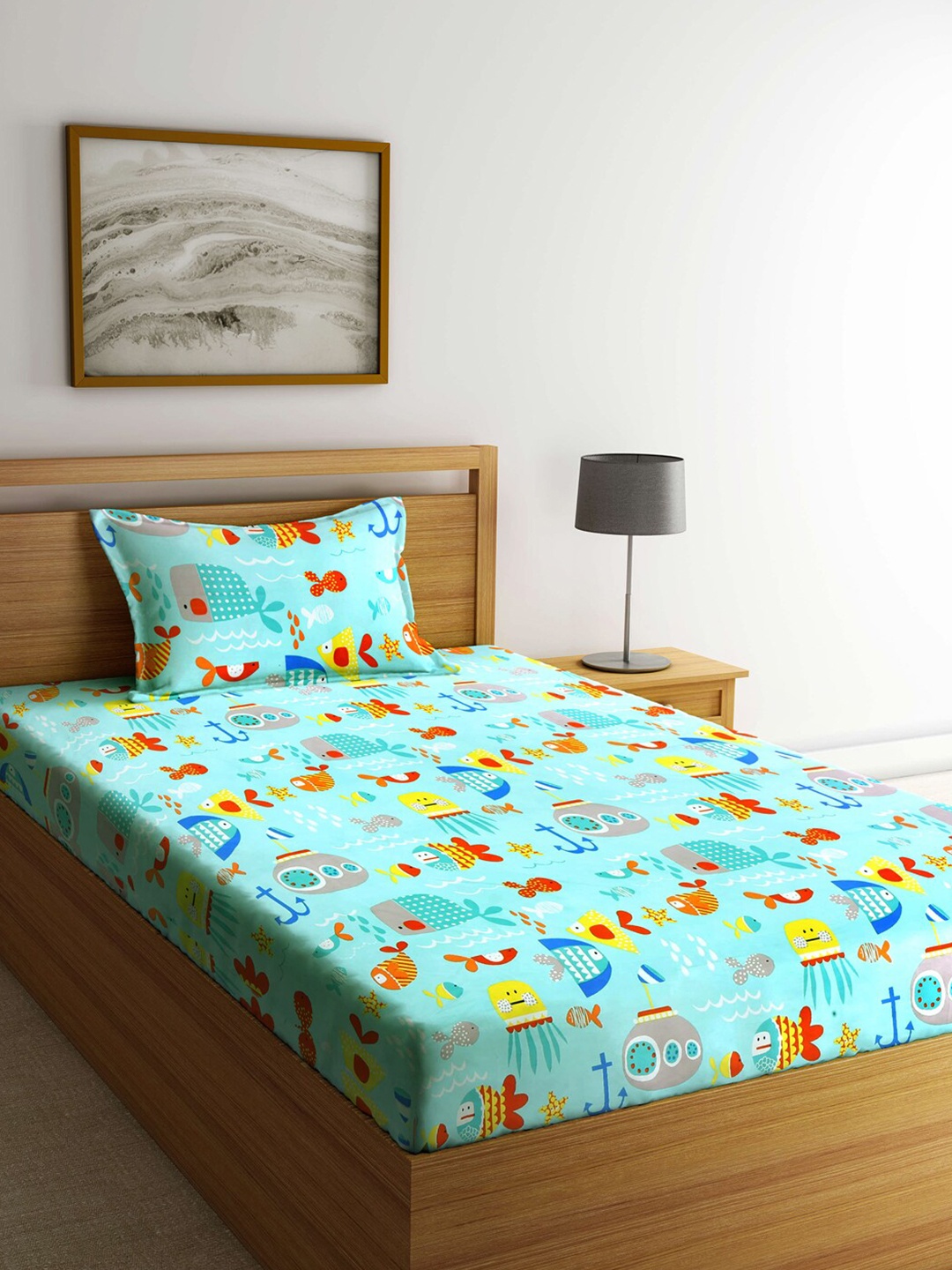 

KLOTTHE Turquoise Blue Cartoon Characters 210 TC Single Bedsheet with 1 Pillow Cover