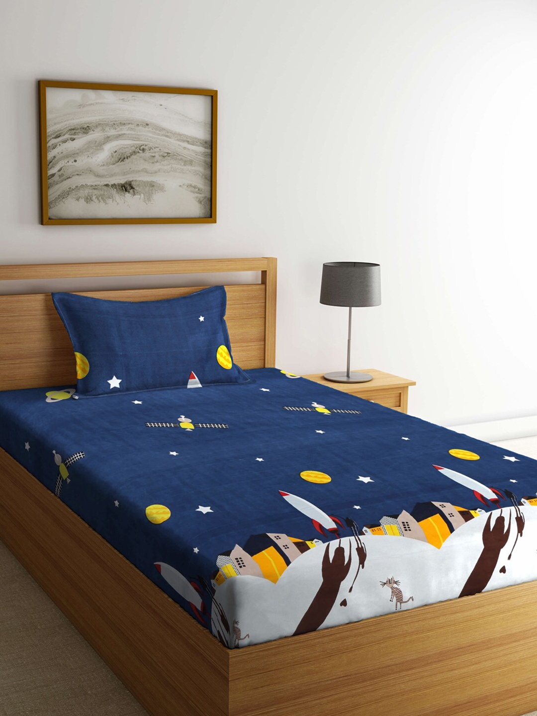 

KLOTTHE Blue & Yellow Graphic 210 TC Single Bedsheet with 1 Pillow Covers