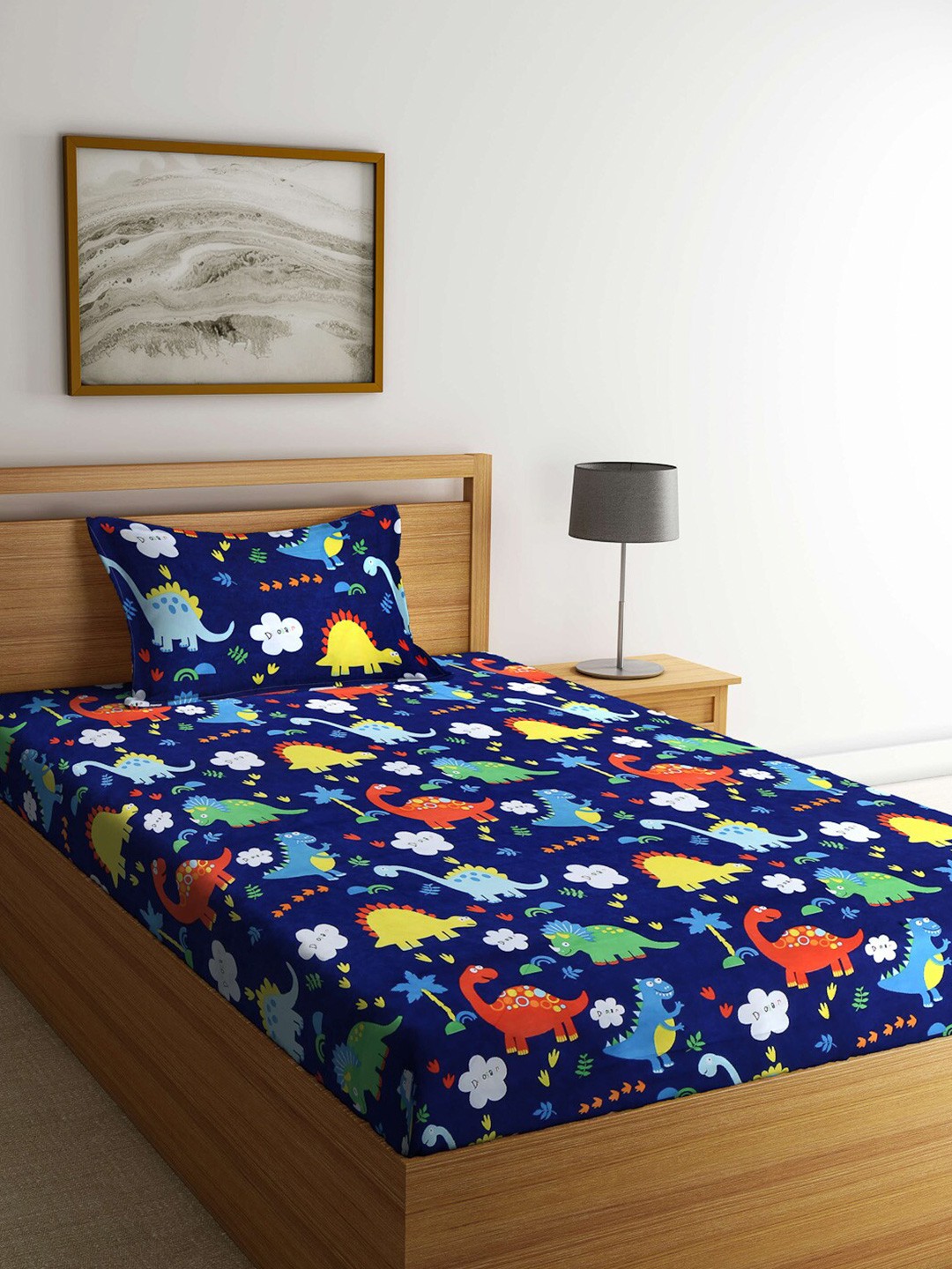 

KLOTTHE Blue & Multicoloured Cartoon Characters 210 TC Single Bedsheet with 1 Pillow Cover