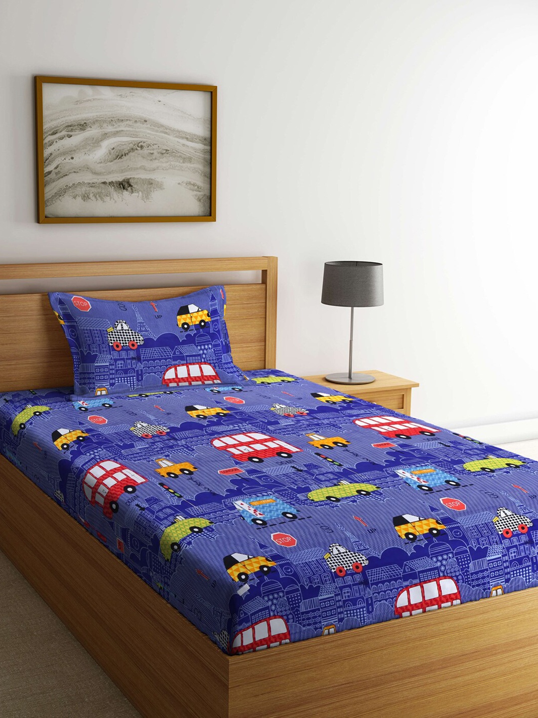 

KLOTTHE Blue & Red Cartoon Characters 210 TC Single Bedsheet with 1 Pillow Covers