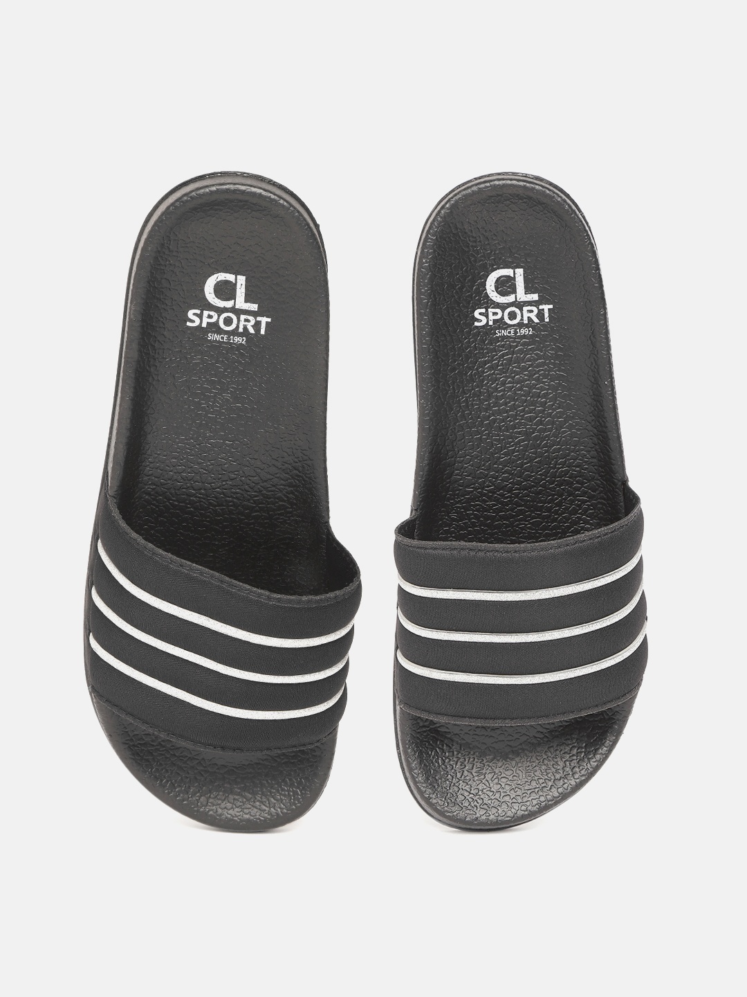 

Carlton London sports Women Black & Silver-Toned Glitter Striped Puffy Sliders