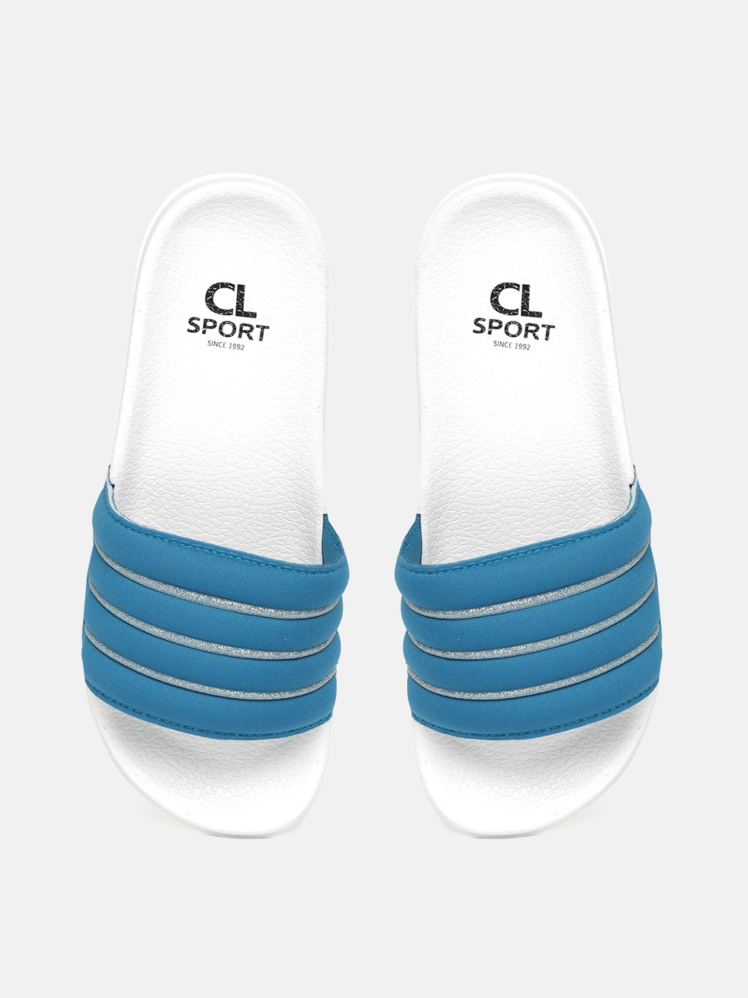 

Carlton London sports Women Teal Blue & White Glitter Striped Puffy Sliders