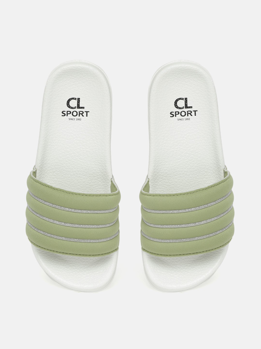 

Carlton London sports Women Pista Green & White Glitter Striped Puffy Sliders