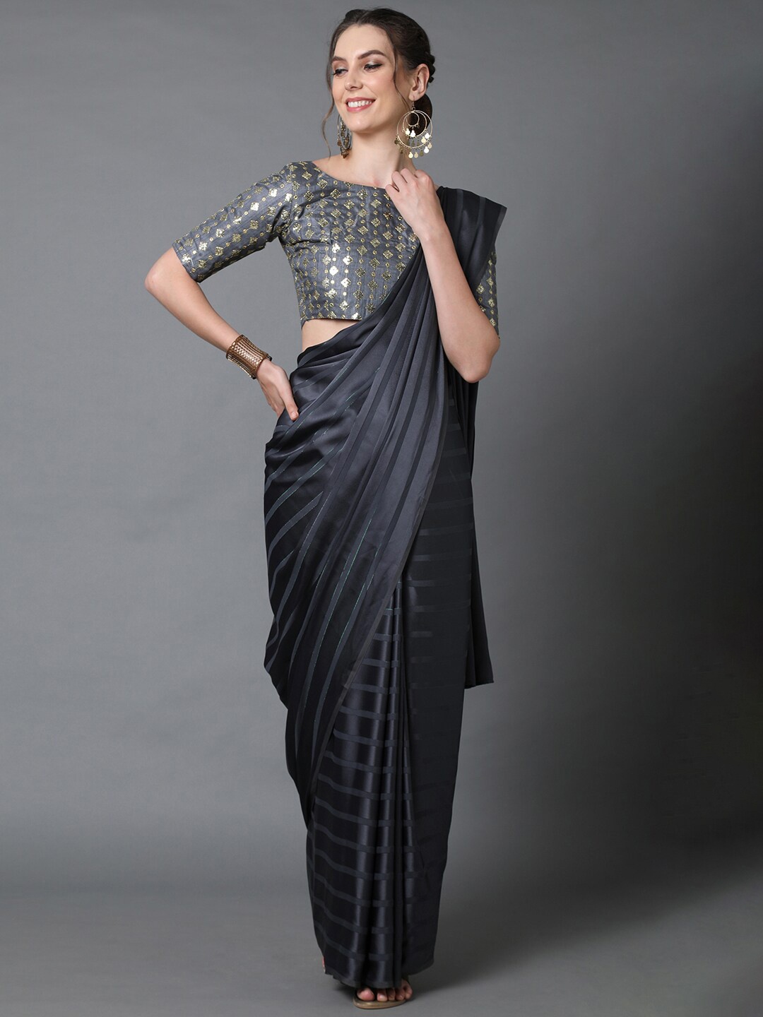 

Mitera Women Grey Georgette Striped Saree