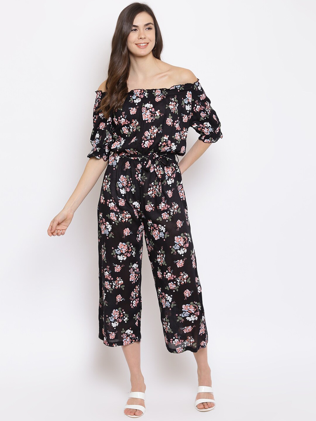 

Mayra Black Off-Shoulder Printed Capri Jumpsuit