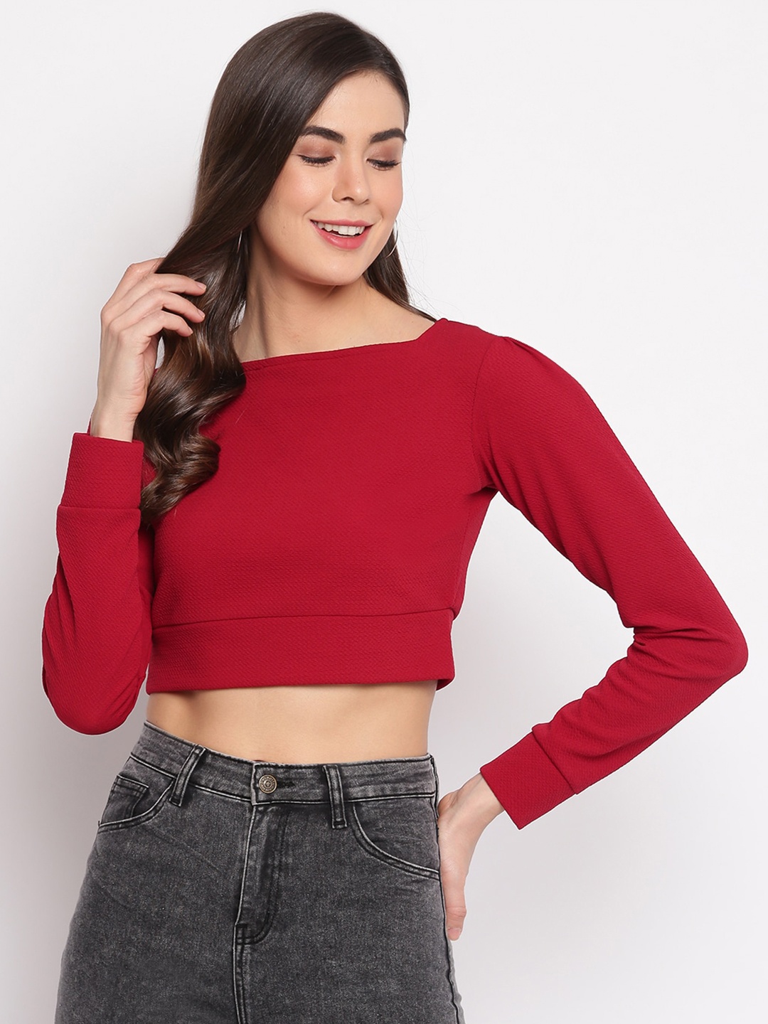 

Mayra Women Red Long Sleeves Crop Top