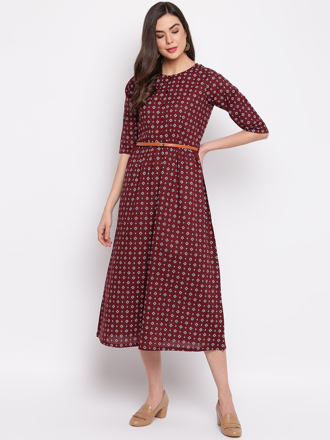 

Mayra Burgundy Ethnic Motifs A-Line Midi Dress