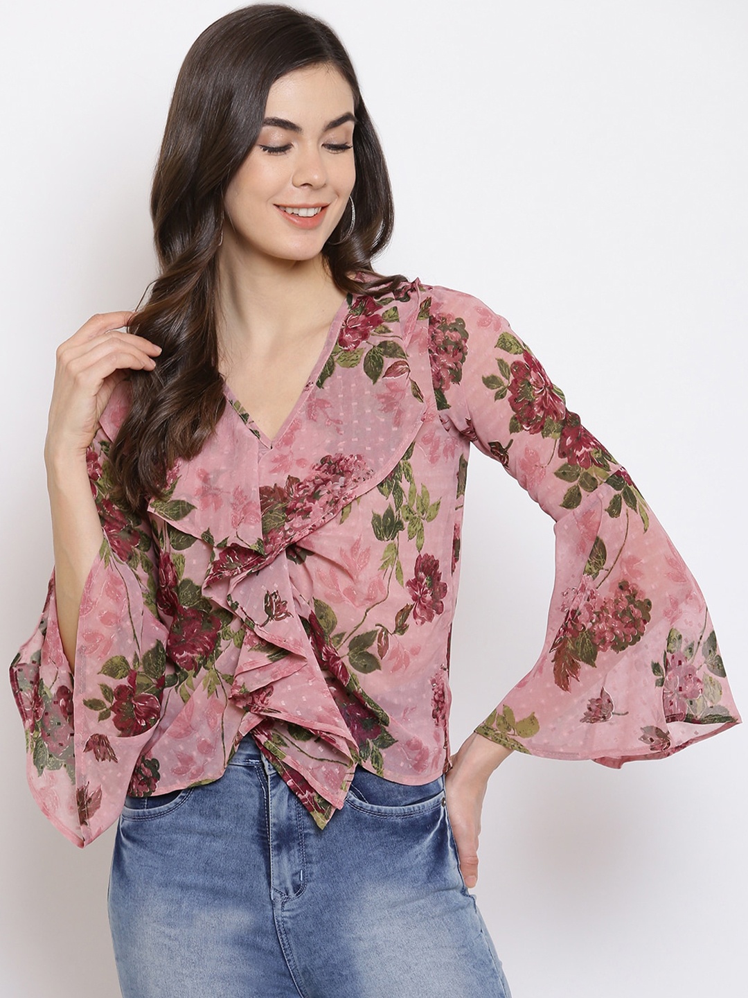 

Mayra Women Pink Floral Bell Sleeve Georgette Regular Top