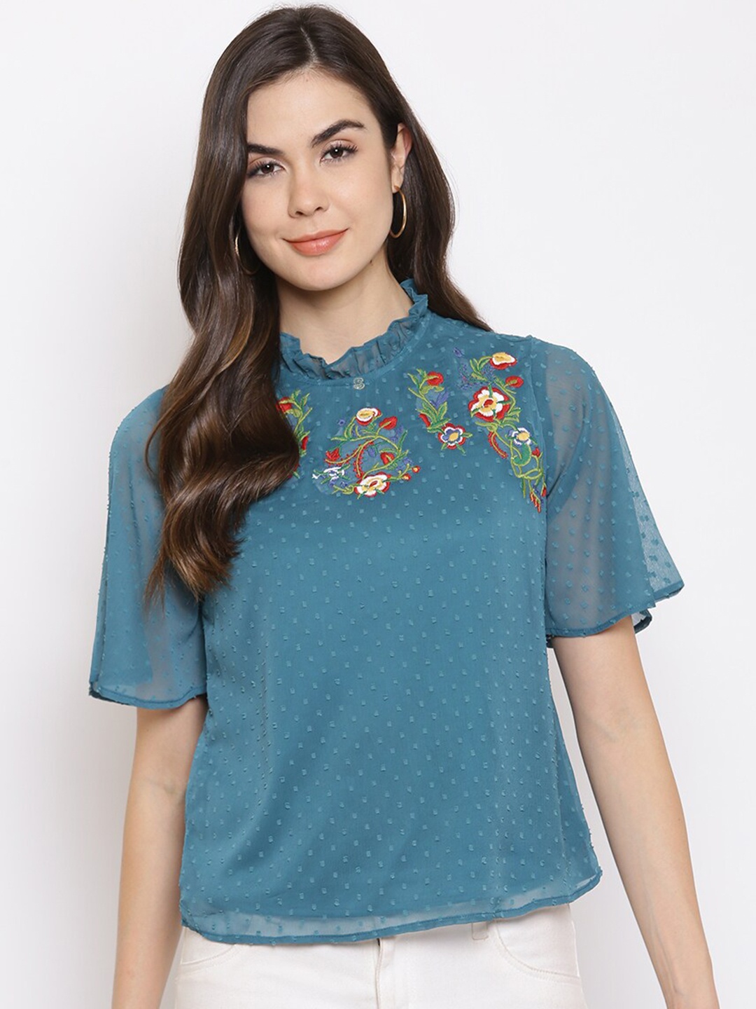 

Mayra Sea Green Choker Neck Flared Sleeve Georgette Regular Top