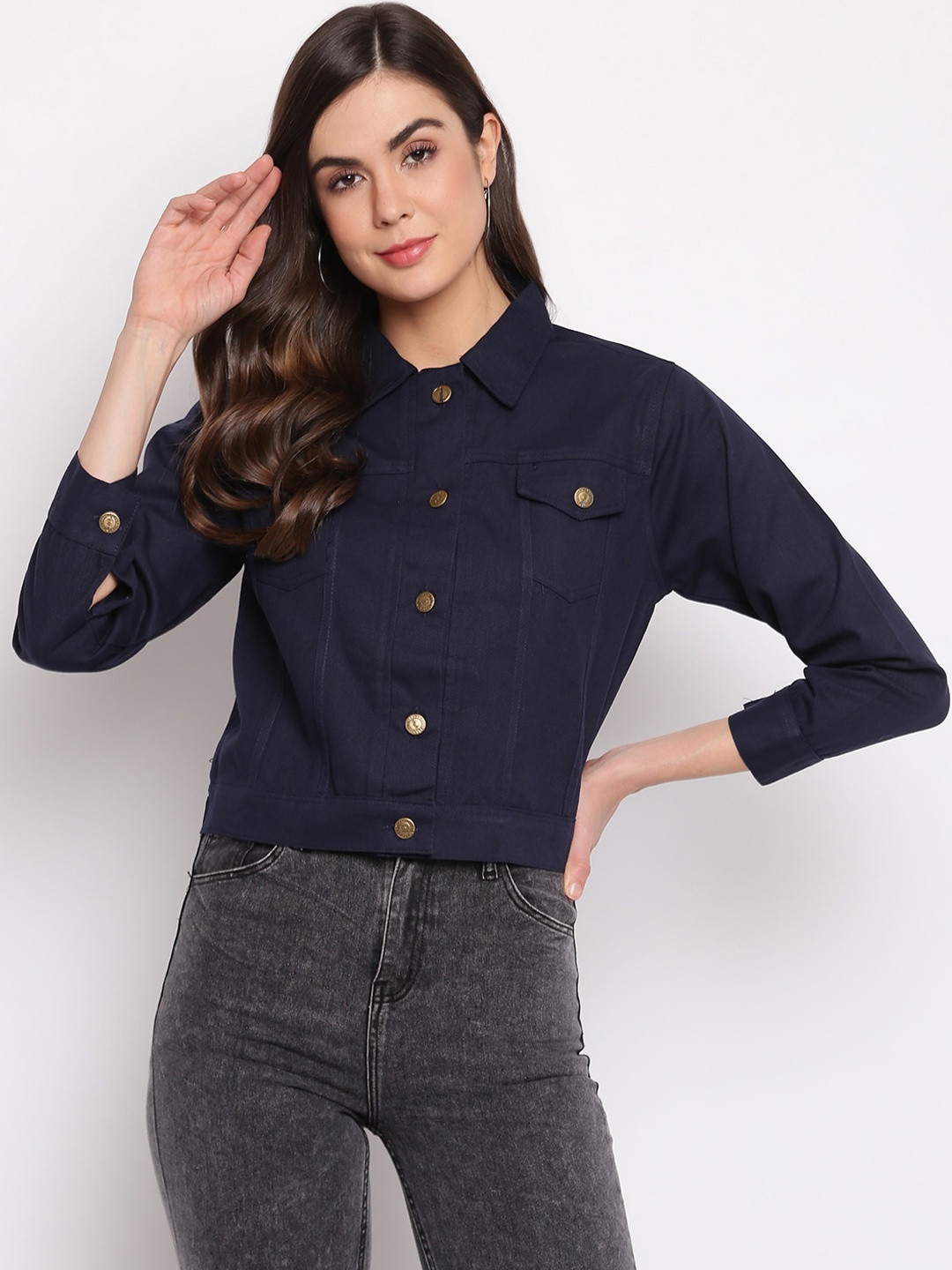 

Mayra Women Navy Blue Crop Tailored Jacket