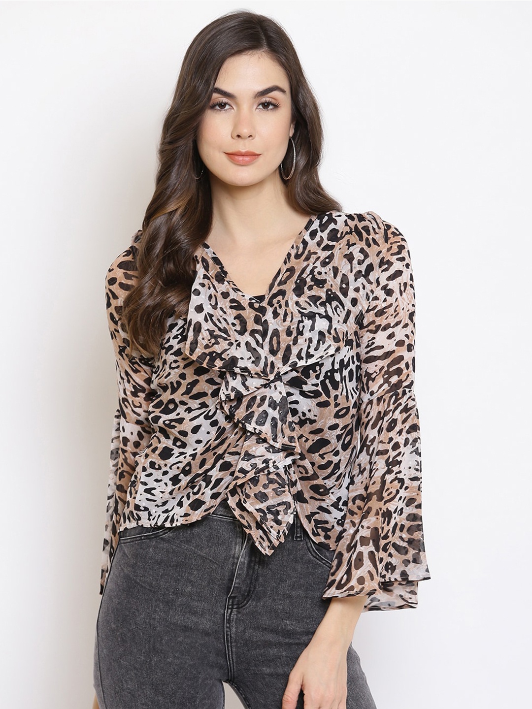 

Mayra Brown Animal Bell Sleeve Ruffles Georgette Regular Top