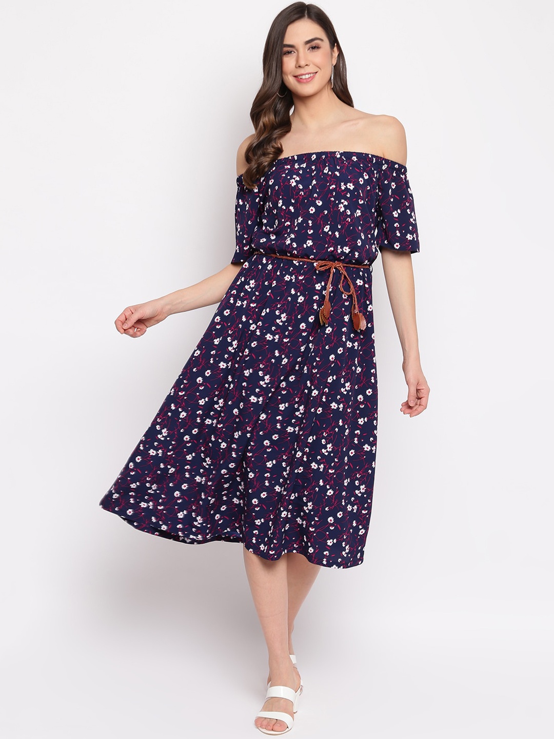 

Mayra Women Navy Blue & White Floral Belted Off-Shoulder Dress