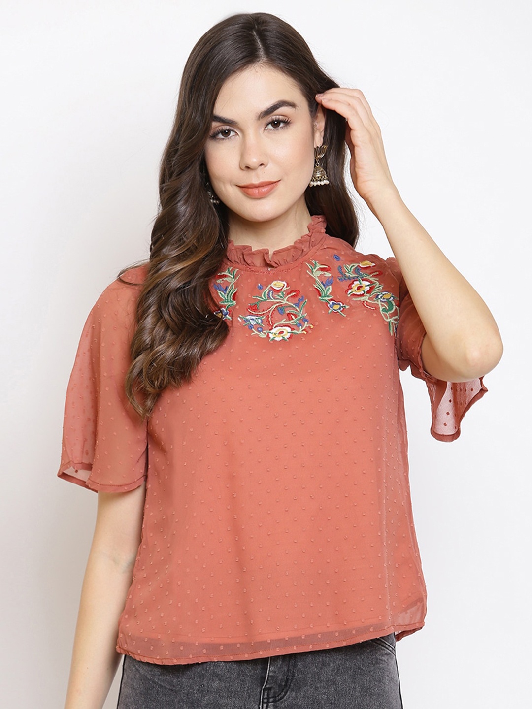 

Mayra Peach-Coloured Choker Neck Flared Sleeve Georgette Regular Top