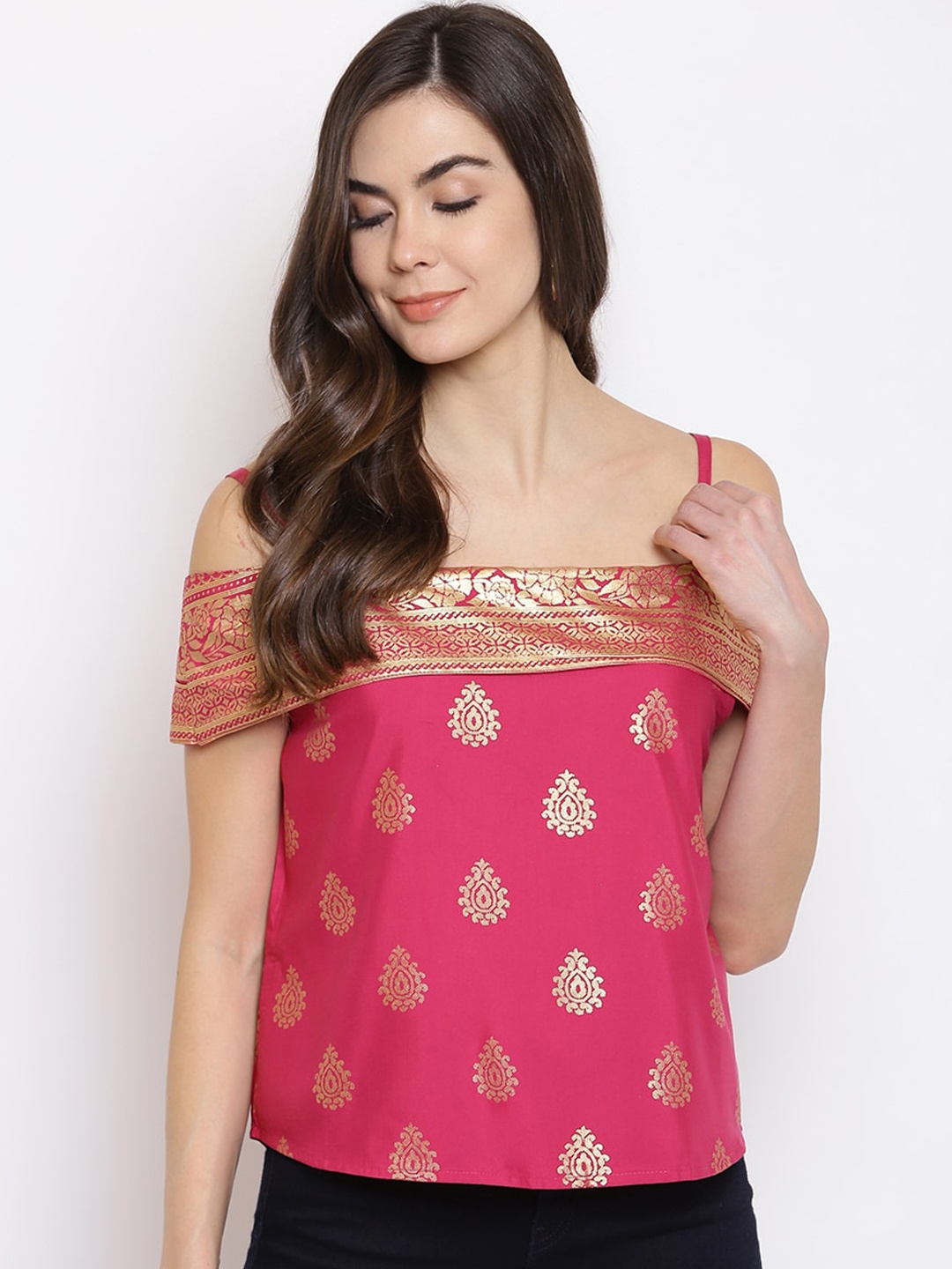 

Mayra Women Pink & Gold-Toned Cold-Shoulder Top