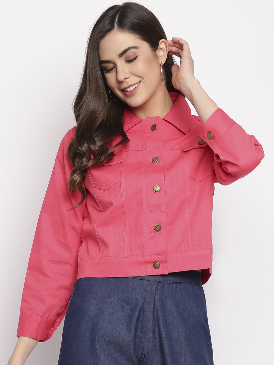 

Mayra Women Pink Crop Denim Jacket