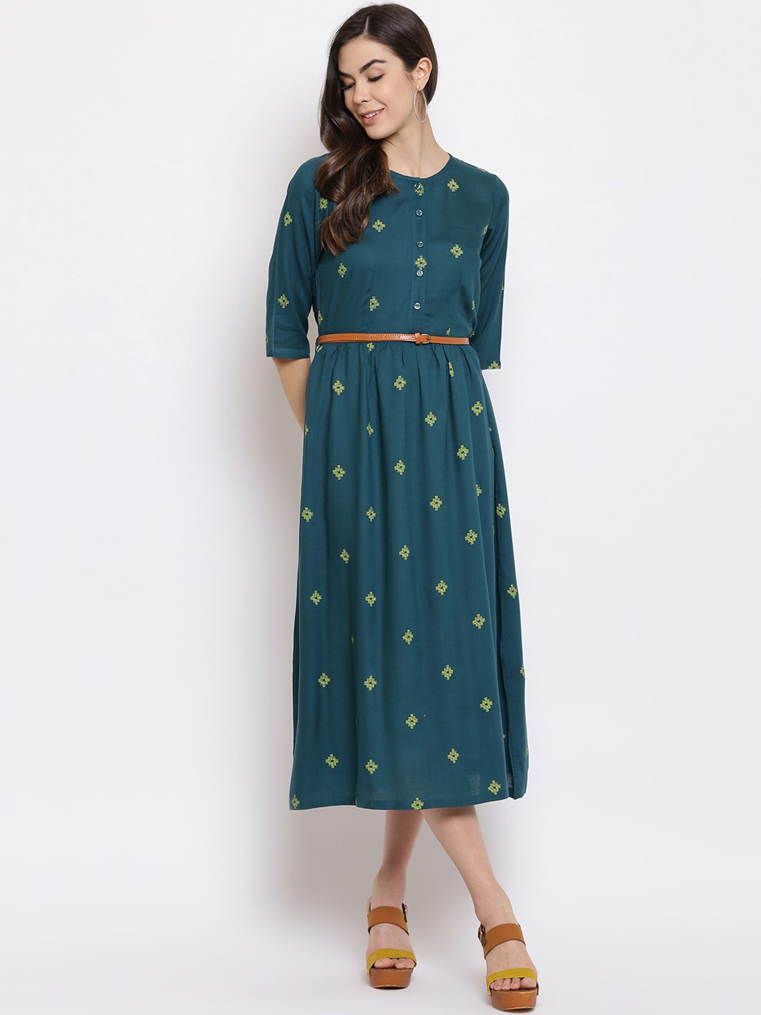 

Mayra Women Green Midi Fit& Flare Dress