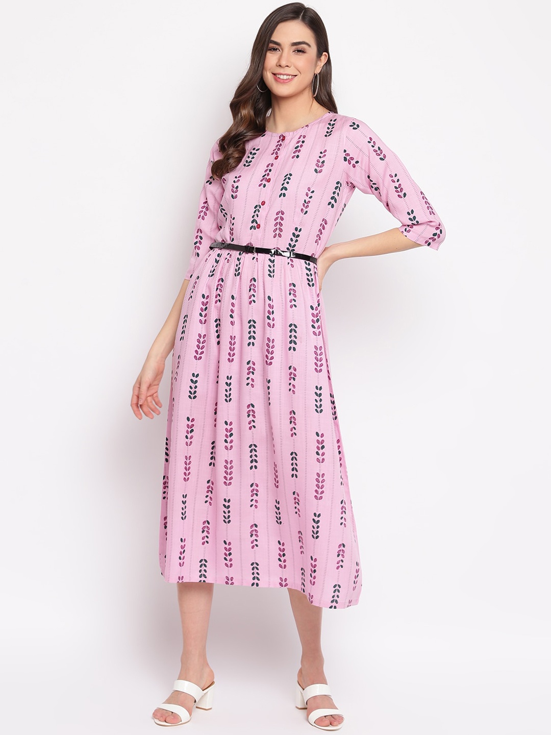 

Mayra Pink Ethnic Motifs A-Line Midi Dress